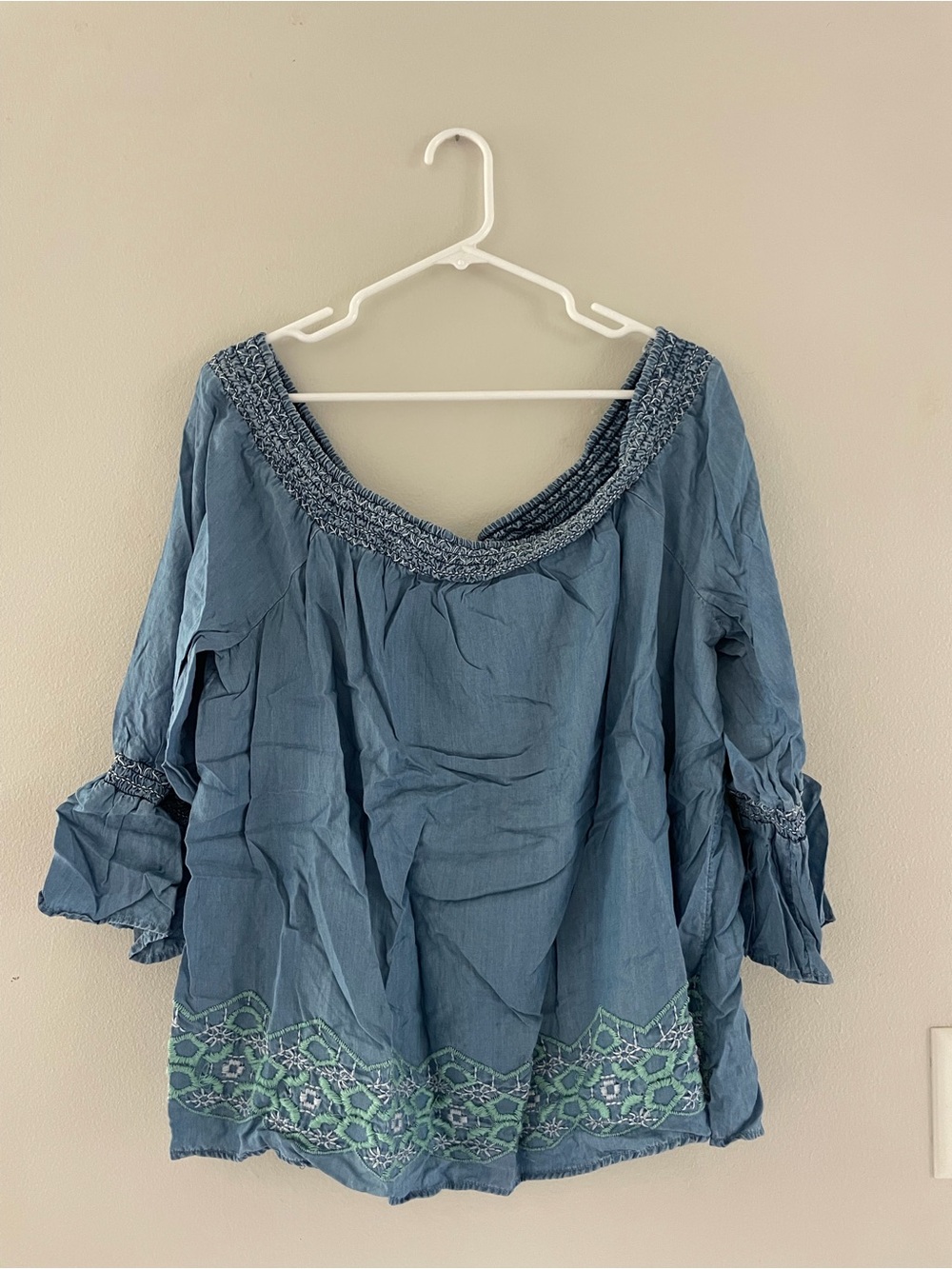 Crown & Ivy Blue Off-Shoulder Embroidered Peasant Top